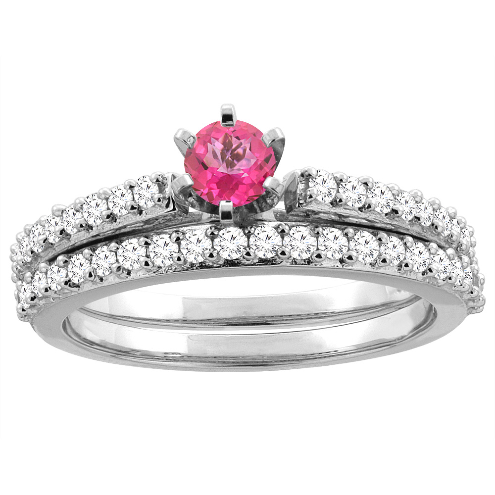 14K White Gold Natural Pink Topaz 2-piece Bridal Ring Set Round 4mm, sizes 5 - 10