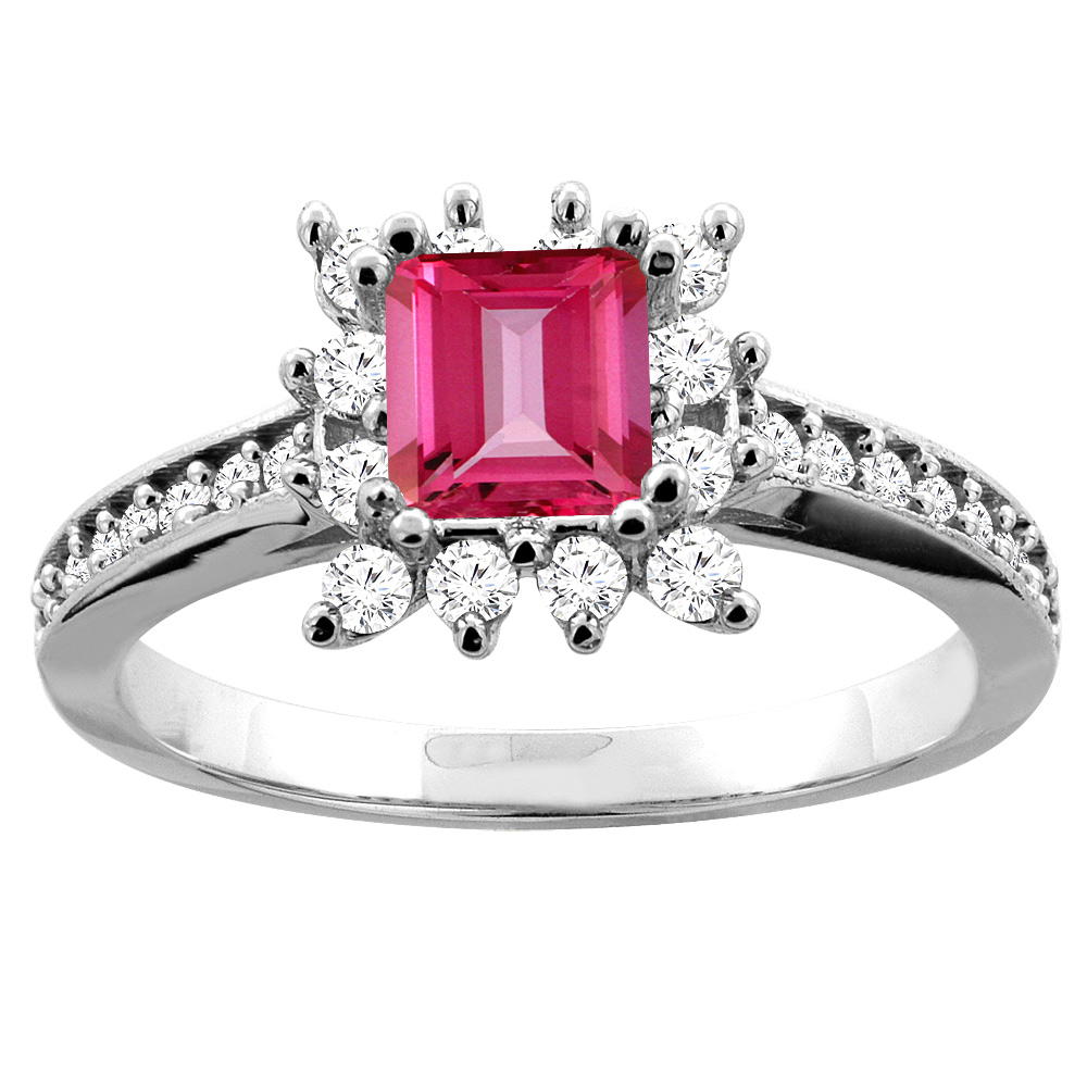 14K White Gold Natural Pink Topaz Engagement Ring Diamond Accents Square 5mm, sizes 5 - 10