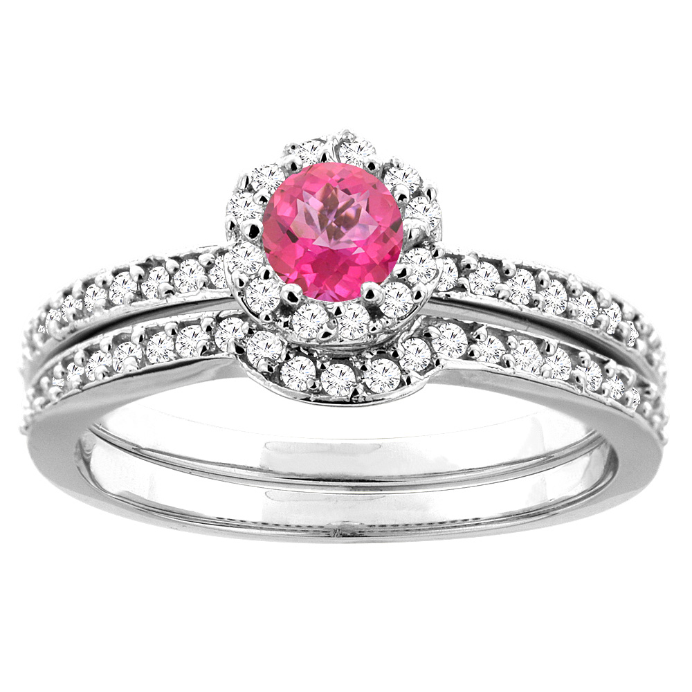 10K White Gold Natural Pink Topaz 2-pc Bridal Ring Set Diamond Accent Round 4mm, sizes 5 - 10