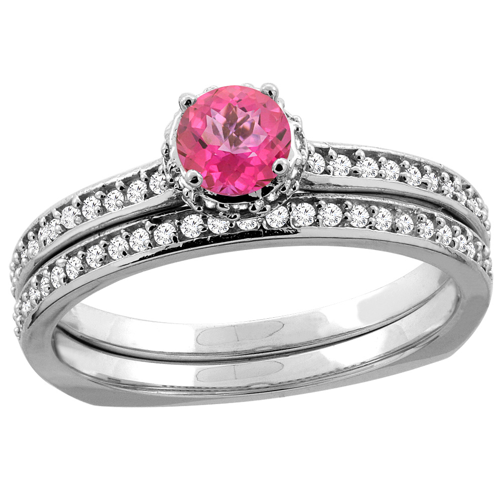 10K Yellow Gold Diamond Natural Pink Topaz 2-pc Bridal Ring Set Round 4mm, sizes 5 - 10