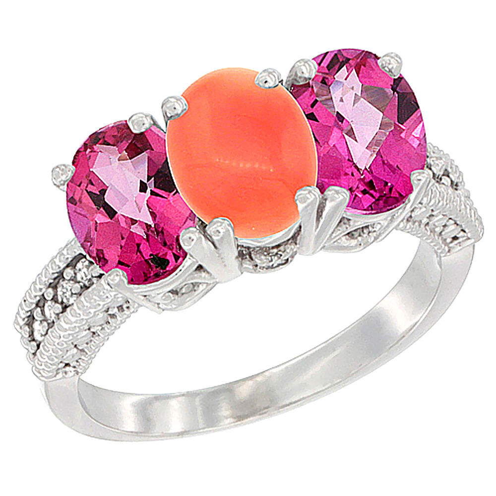 10K White Gold Natural Coral &amp; Pink Topaz Sides Ring 3-Stone Oval 7x5 mm Diamond Accent, sizes 5 - 10