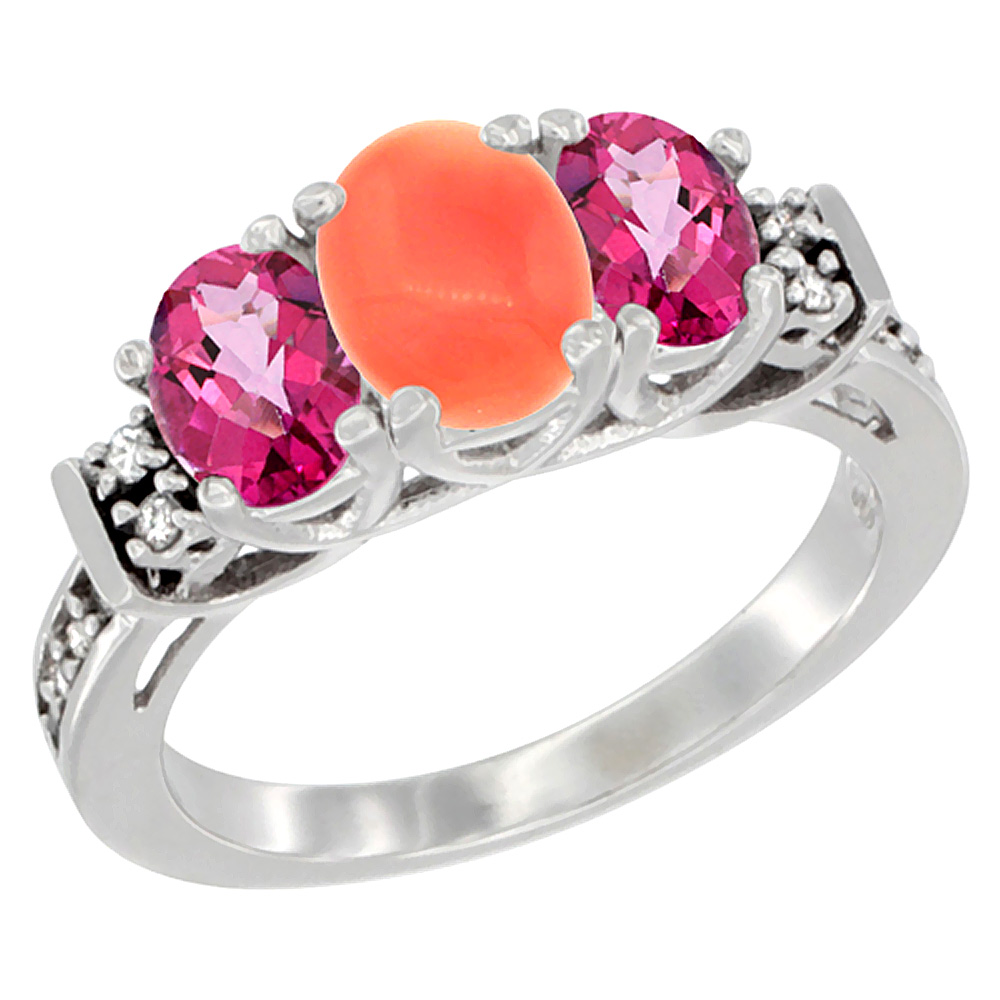 14K White Gold Natural Coral & Pink Topaz Ring 3-Stone Oval Diamond Accent, sizes 5-10