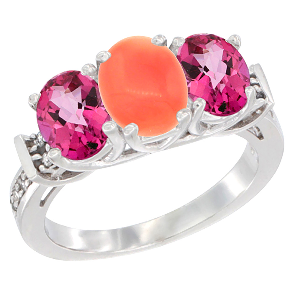 10K White Gold Natural Coral & Pink Topaz Sides Ring 3-Stone Oval Diamond Accent, sizes 5 - 10