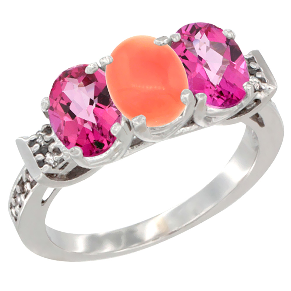 10K White Gold Natural Coral & Pink Topaz Sides Ring 3-Stone Oval 7x5 mm Diamond Accent, sizes 5 - 10