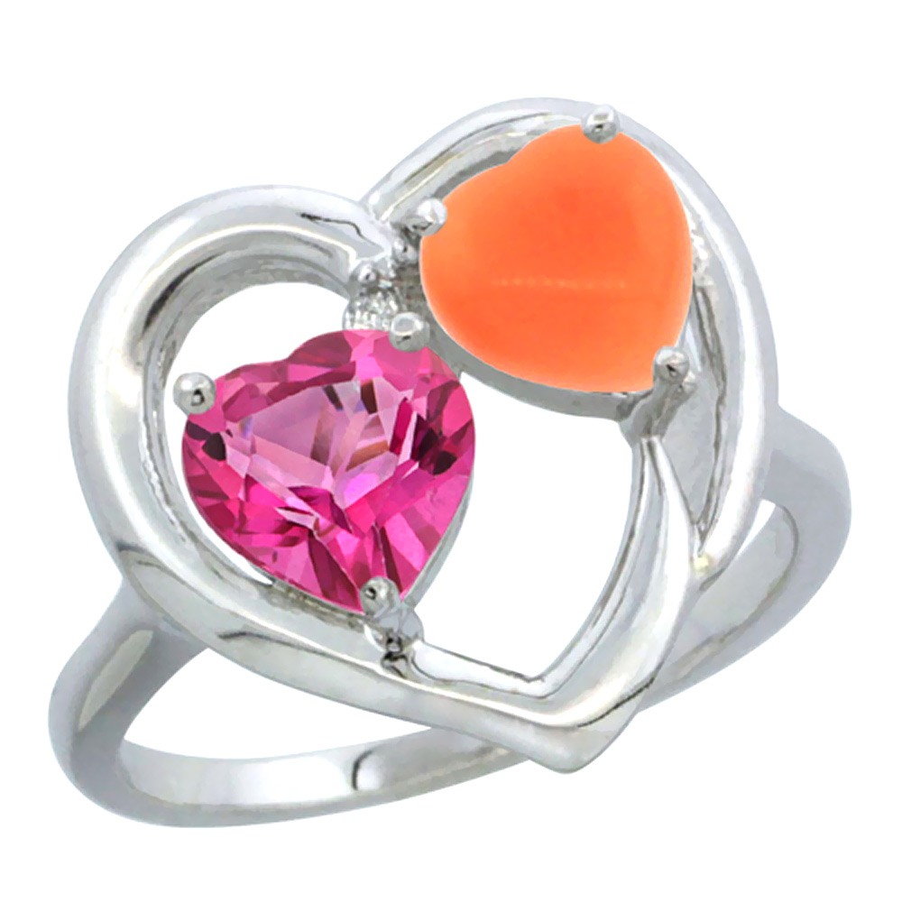 10K White Gold Diamond Two-stone Heart Ring 6 mm Natural Pink Topaz & Coral, sizes 5-10