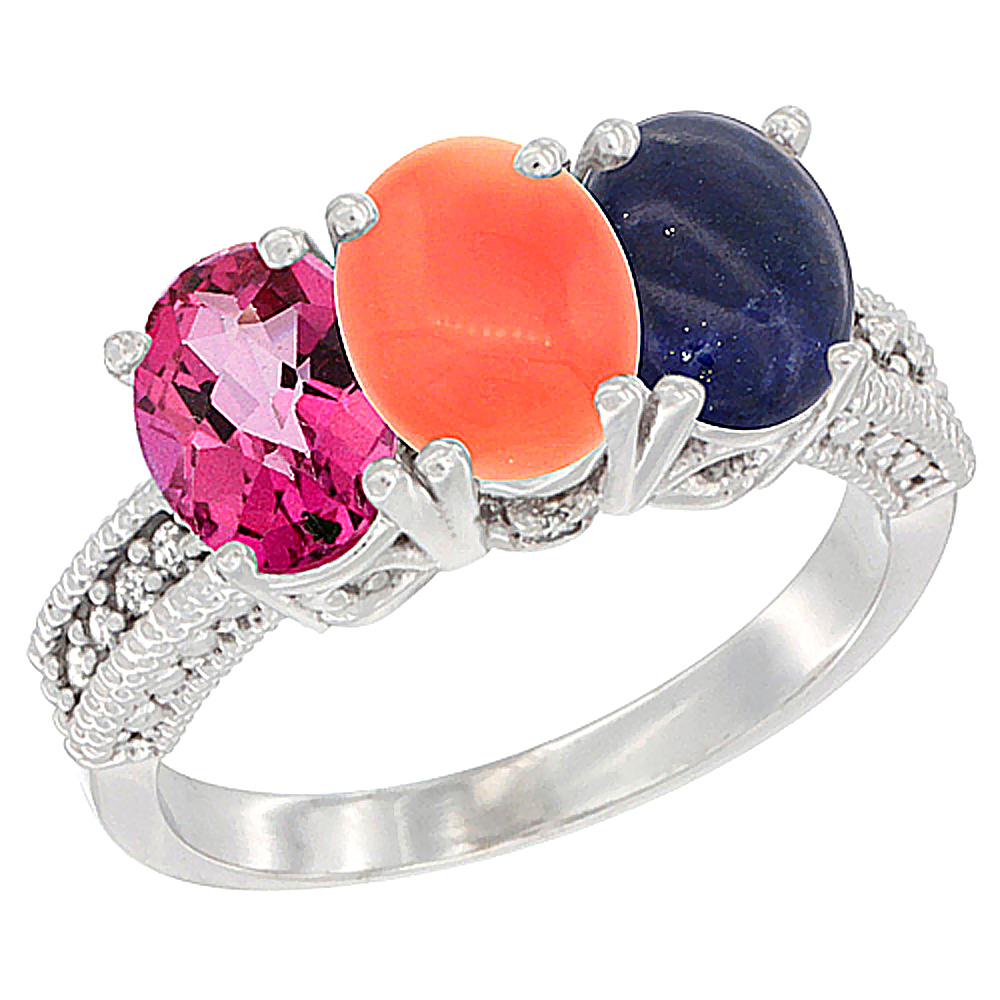 10K White Gold Natural Pink Topaz, Coral &amp; Lapis Ring 3-Stone Oval 7x5 mm Diamond Accent, sizes 5 - 10