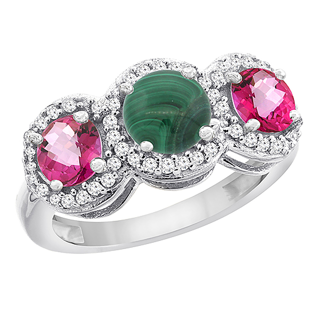 14K White Gold Natural Malachite & Pink Topaz Sides Round 3-stone Ring Diamond Accents, sizes 5 - 10