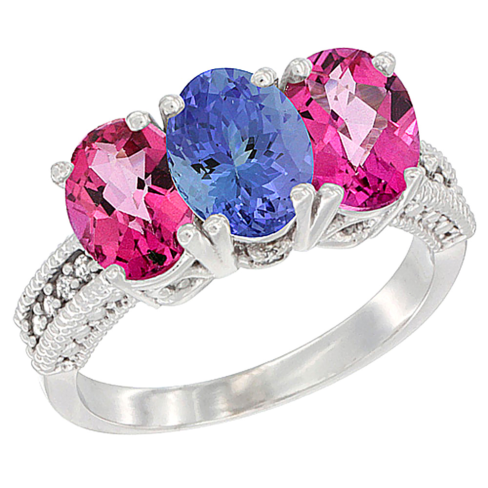 10K White Gold Natural Tanzanite &amp; Pink Topaz Sides Ring 3-Stone Oval 7x5 mm Diamond Accent, sizes 5 - 10