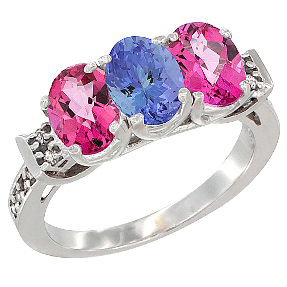 14K White Gold Natural Tanzanite &amp; Pink Topaz Sides Ring 3-Stone Oval 7x5 mm Diamond Accent, sizes 5 - 10