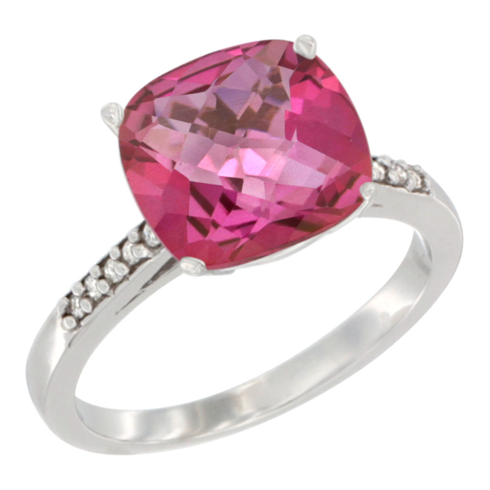 14K White Gold Natural Pink Topaz Ring 9 mm Cushion-cut Diamond accent, sizes 5 - 10