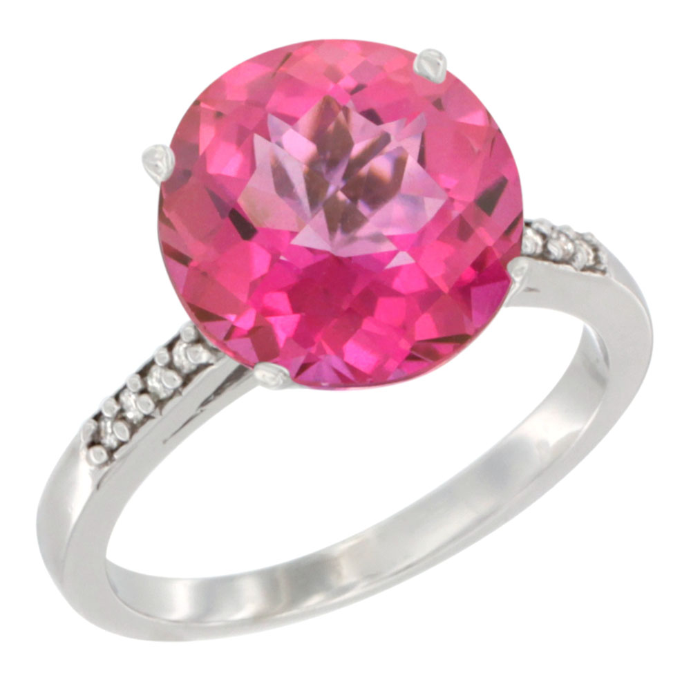 14K White Gold Natural Pink Topaz Ring Round 10mm Diamond accent, sizes 5 - 10