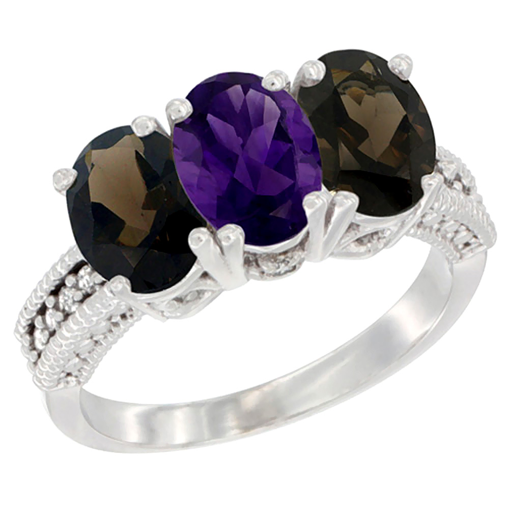 10K White Gold Natural Amethyst &amp; Smoky Topaz Sides Ring 3-Stone Oval 7x5 mm Diamond Accent, sizes 5 - 10