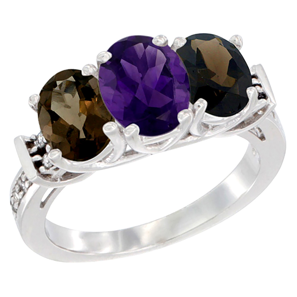 10K White Gold Natural Amethyst &amp; Smoky Topaz Sides Ring 3-Stone Oval Diamond Accent, sizes 5 - 10