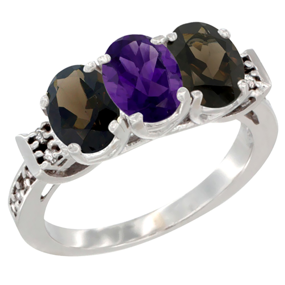 14K White Gold Natural Amethyst &amp; Smoky Topaz Sides Ring 3-Stone Oval 7x5 mm Diamond Accent, sizes 5 - 10
