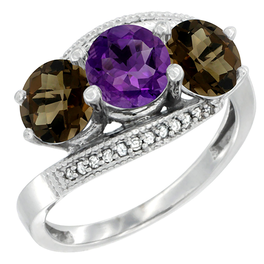 10K White Gold Natural Amethyst & Smoky Topaz Sides 3 stone Ring Round 6mm Diamond Accent, sizes 5 - 10