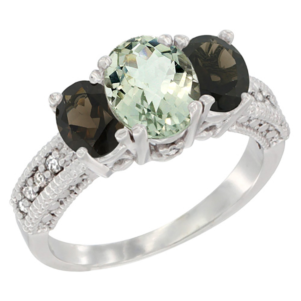 10K White Gold Diamond Natural Green Amethyst Ring Oval 3-stone with Smoky Topaz, sizes 5 - 10