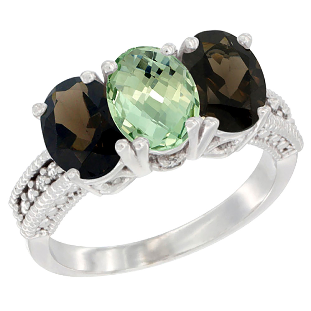 10K White Gold Natural Green Amethyst &amp; Smoky Topaz Sides Ring 3-Stone Oval 7x5 mm Diamond Accent, sizes 5 - 10