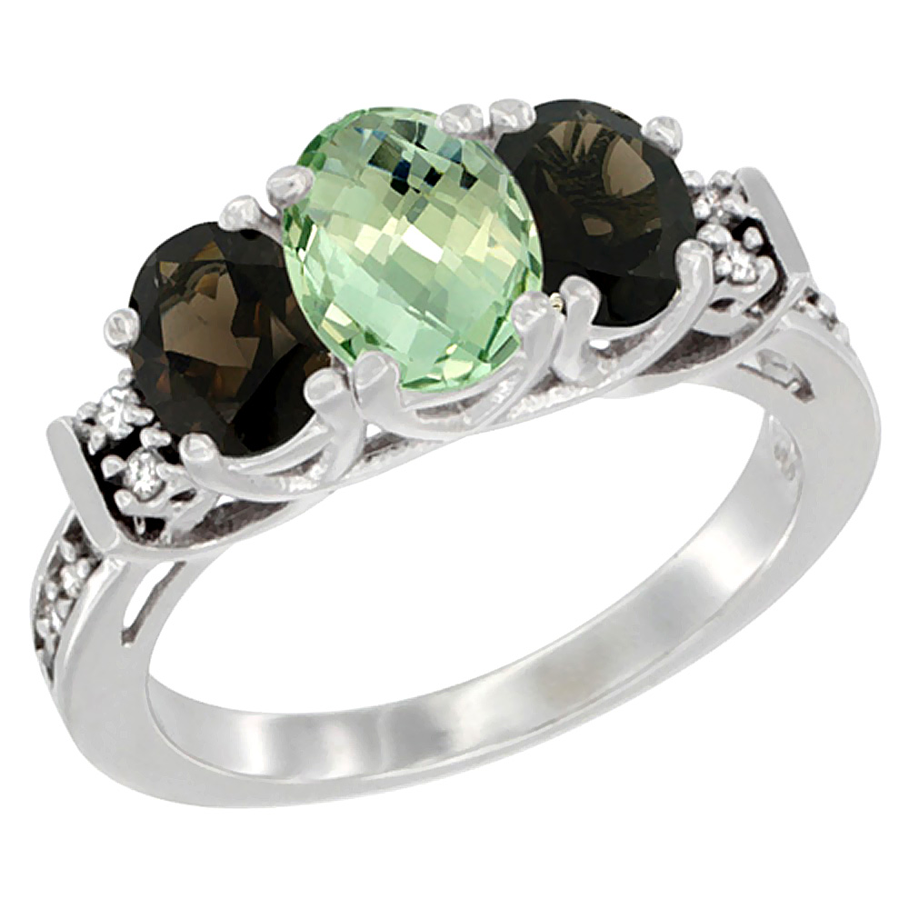 14K White Gold Natural Green Amethyst &amp; Smoky Topaz Ring 3-Stone Oval Diamond Accent, sizes 5-10
