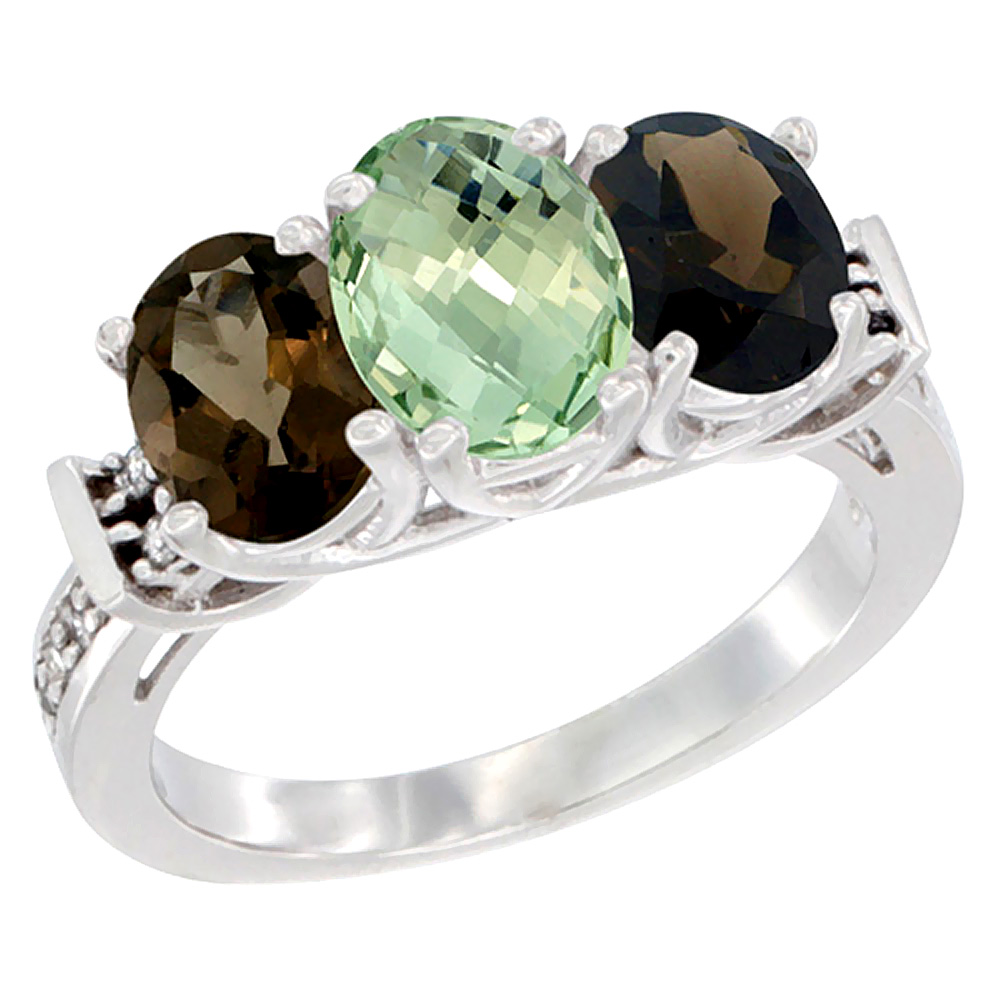 14K White Gold Natural Green Amethyst & Smoky Topaz Sides Ring 3-Stone Oval Diamond Accent, sizes 5 - 10