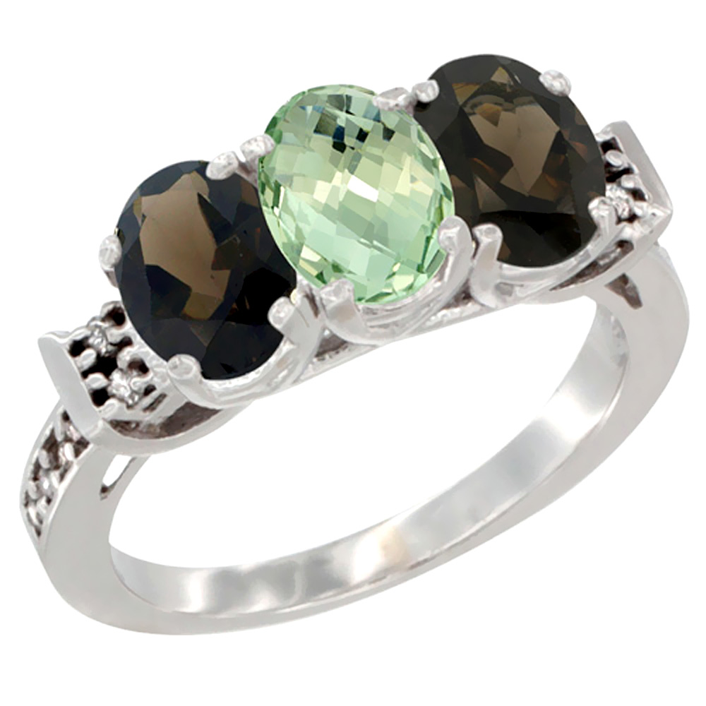 14K White Gold Natural Green Amethyst &amp; Smoky Topaz Sides Ring 3-Stone Oval 7x5 mm Diamond Accent, sizes 5 - 10