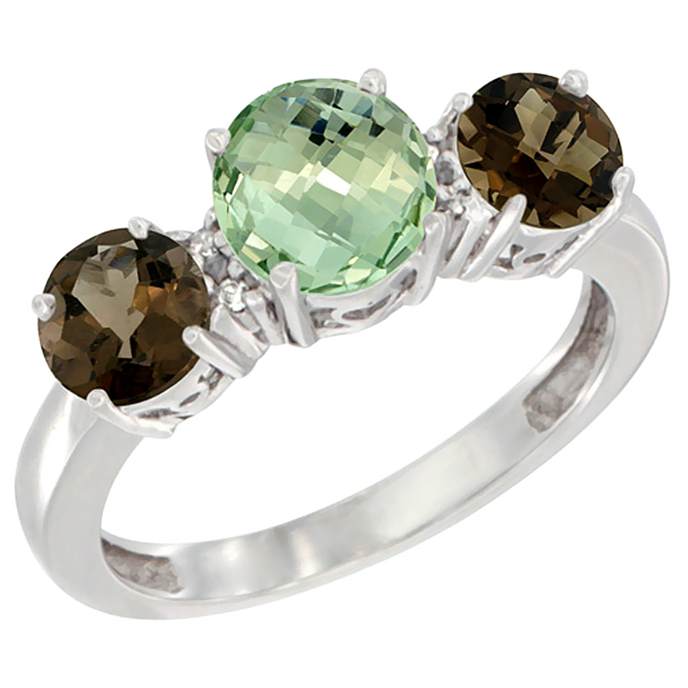 14K White Gold Round 3-Stone Natural Green Amethyst Ring & Smoky Topaz Sides Diamond Accent, sizes 5 - 10