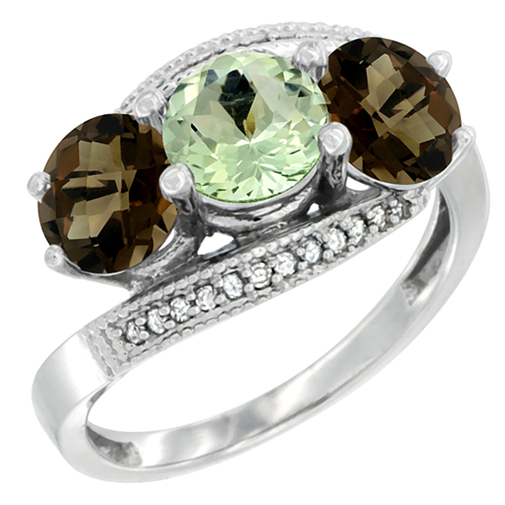14K White Gold Natural Green Amethyst & Smoky Topaz Sides 3 stone Ring Round 6mm Diamond Accent, sizes 5 - 10