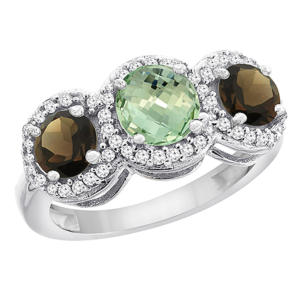 14K White Gold Natural Green Amethyst &amp; Smoky Topaz Sides Round 3-stone Ring Diamond Accents, sizes 5 - 10