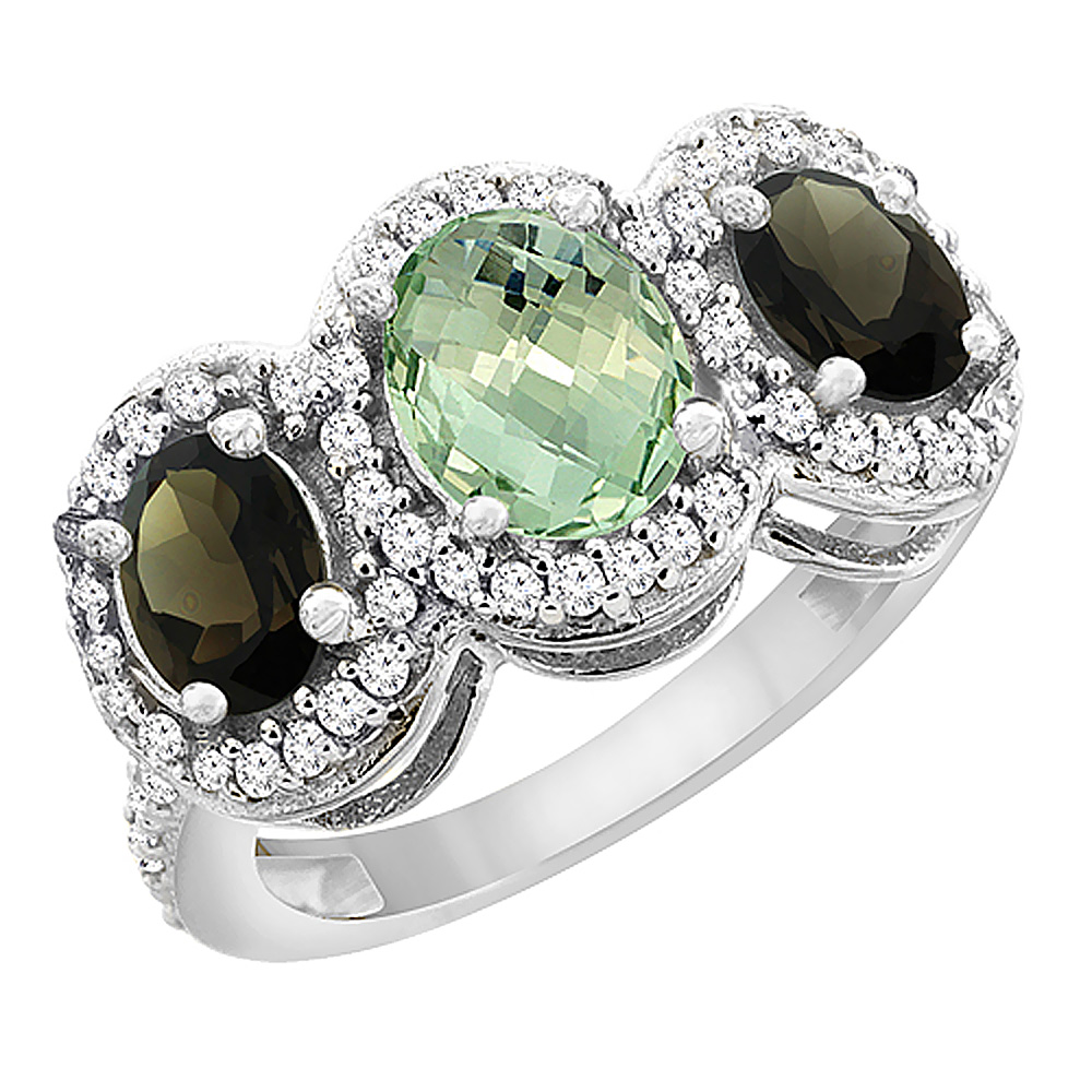 14K White Gold Natural Green Amethyst &amp; Smoky Topaz 3-Stone Ring Oval Diamond Accent, sizes 5 - 10