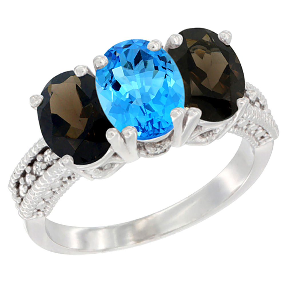 10K White Gold Natural Swiss Blue Topaz &amp; Smoky Topaz Sides Ring 3-Stone Oval 7x5 mm Diamond Accent, sizes 5 - 10