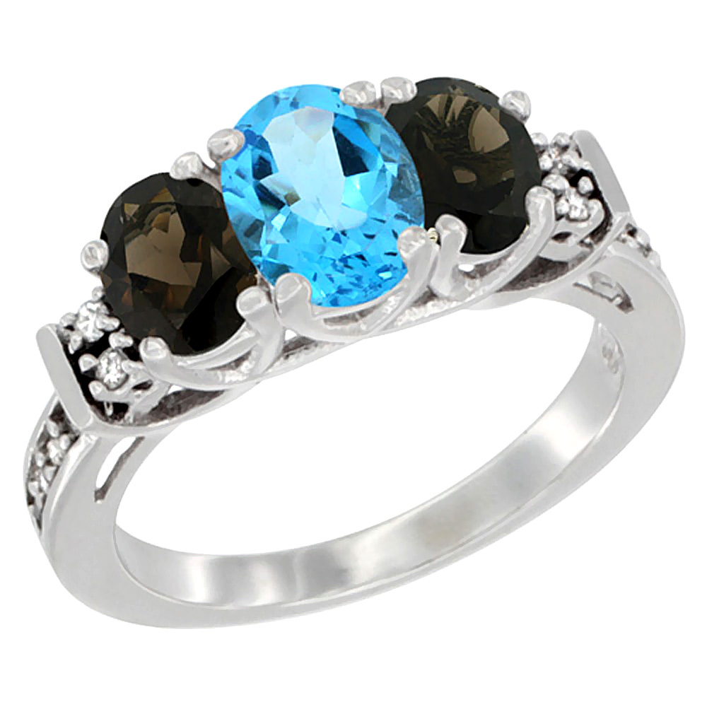14K White Gold Natural Swiss Blue Topaz &amp; Smoky Topaz Ring 3-Stone Oval Diamond Accent, sizes 5-10