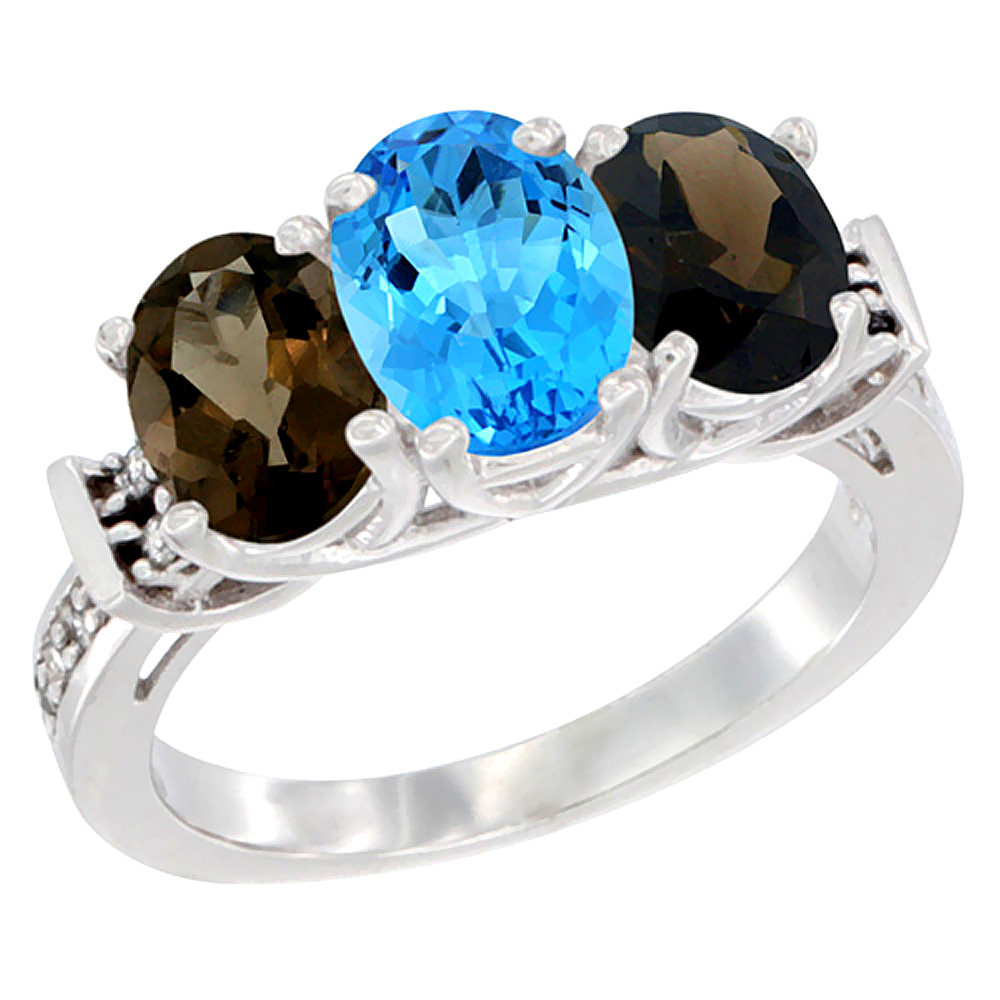 10K White Gold Natural Swiss Blue Topaz &amp; Smoky Topaz Sides Ring 3-Stone Oval Diamond Accent, sizes 5 - 10