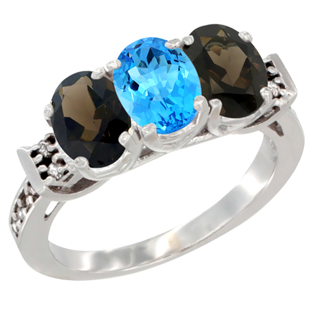 10K White Gold Natural Swiss Blue Topaz &amp; Smoky Topaz Sides Ring 3-Stone Oval 7x5 mm Diamond Accent, sizes 5 - 10