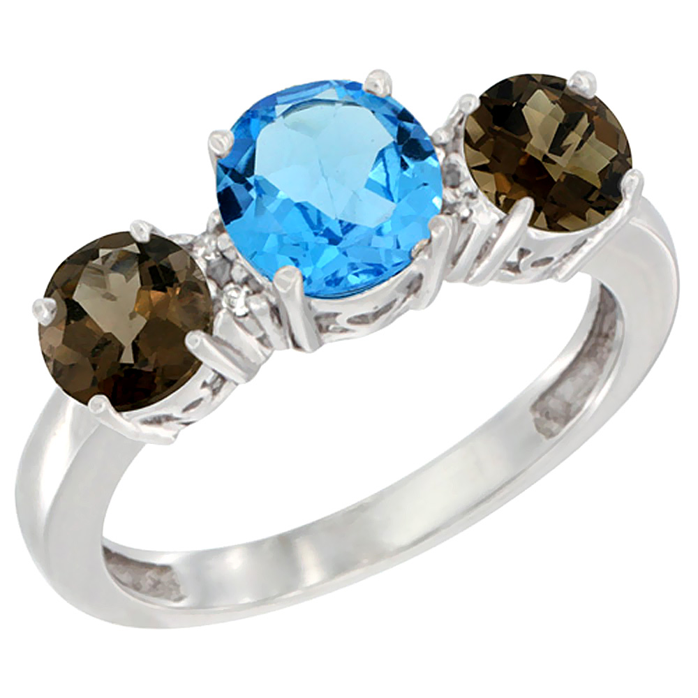10K White Gold Round 3-Stone Natural Swiss Blue Topaz Ring &amp; Smoky Topaz Sides Diamond Accent, sizes 5 - 10