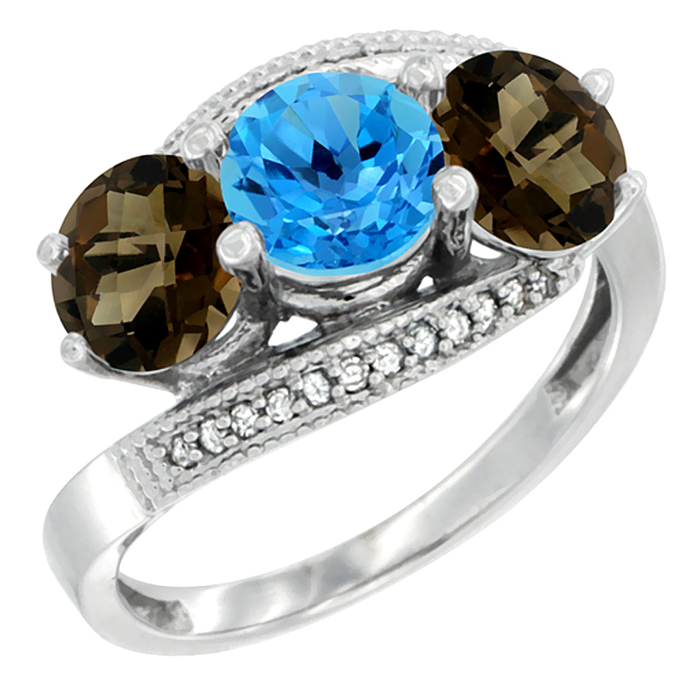 14K White Gold Natural Swiss Blue Topaz &amp; Smoky Topaz Sides 3 stone Ring Round 6mm Diamond Accent, sizes 5 - 10