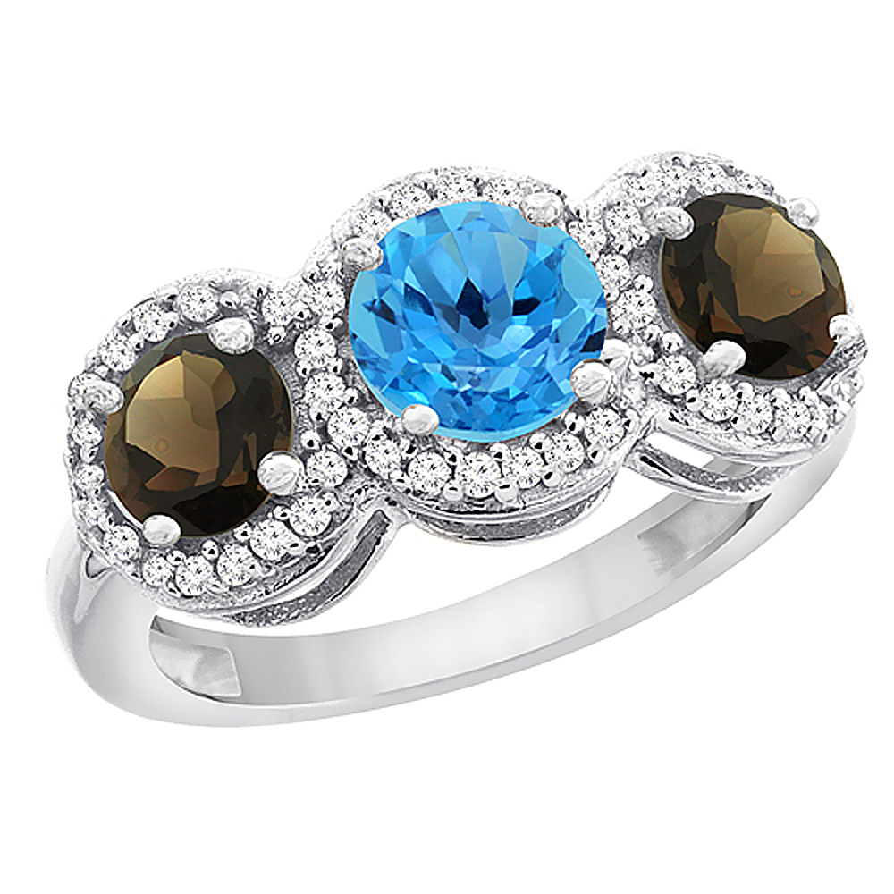 14K White Gold Natural Swiss Blue Topaz &amp; Smoky Topaz Sides Round 3-stone Ring Diamond Accents, sizes 5 - 10