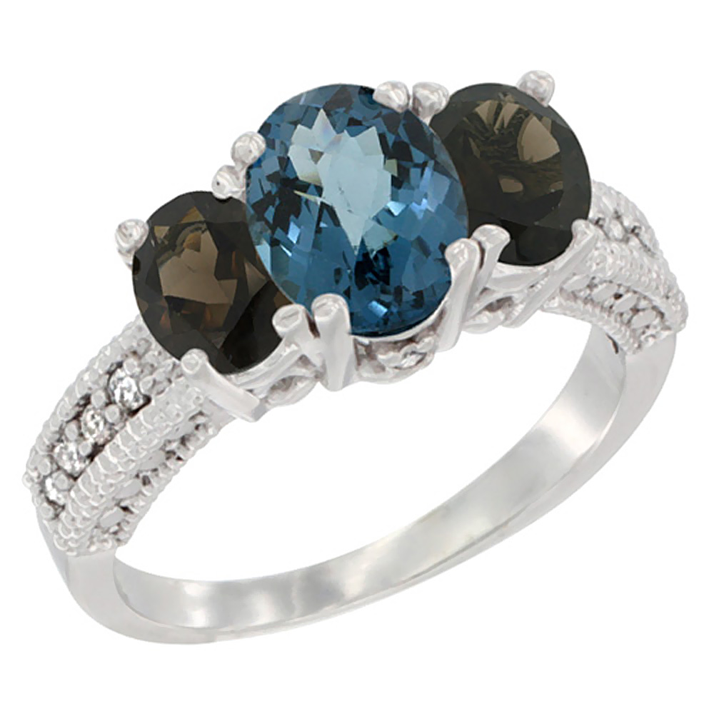 14K White Gold Diamond Natural London Blue Topaz Ring Oval 3-stone with Smoky Topaz, sizes 5 - 10