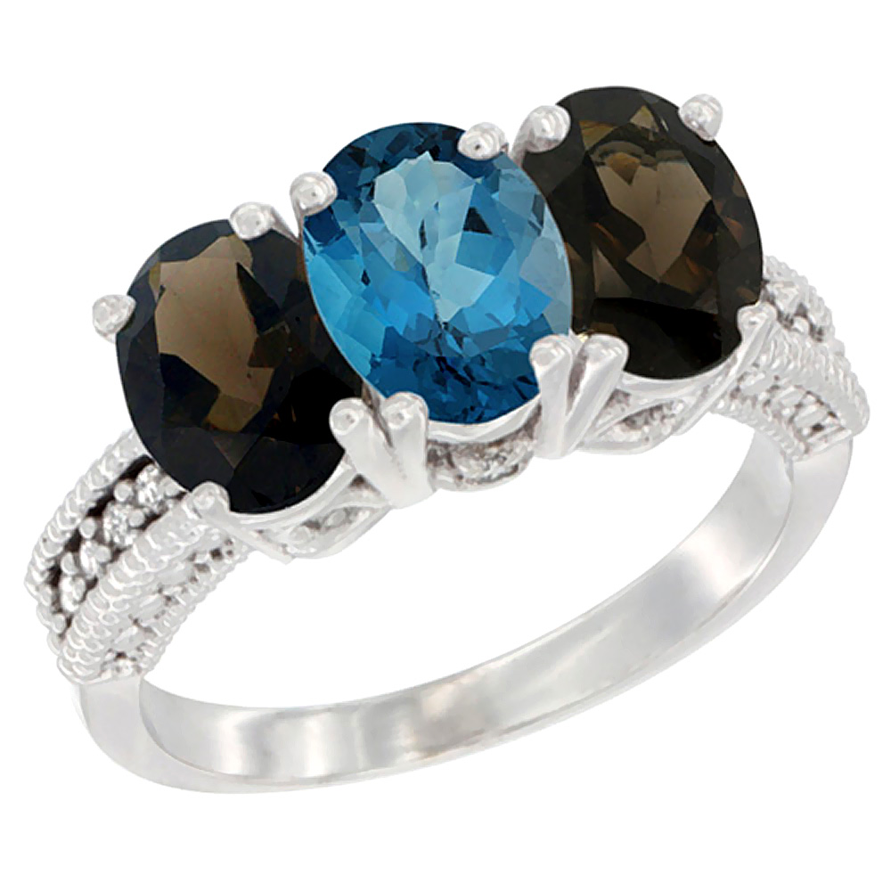 10K White Gold Natural London Blue Topaz & Smoky Topaz Sides Ring 3-Stone Oval 7x5 mm Diamond Accent, sizes 5 - 10