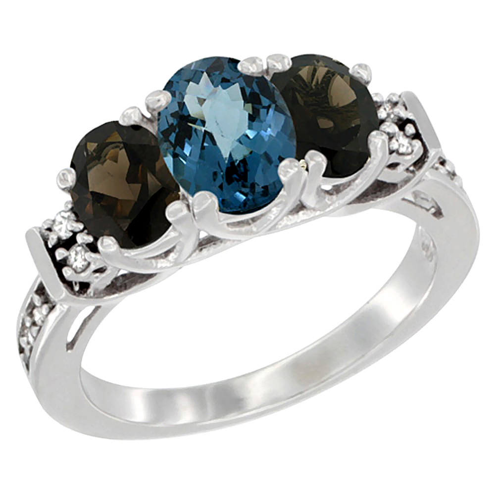 14K White Gold Natural London Blue Topaz & Smoky Topaz Ring 3-Stone Oval Diamond Accent, sizes 5-10