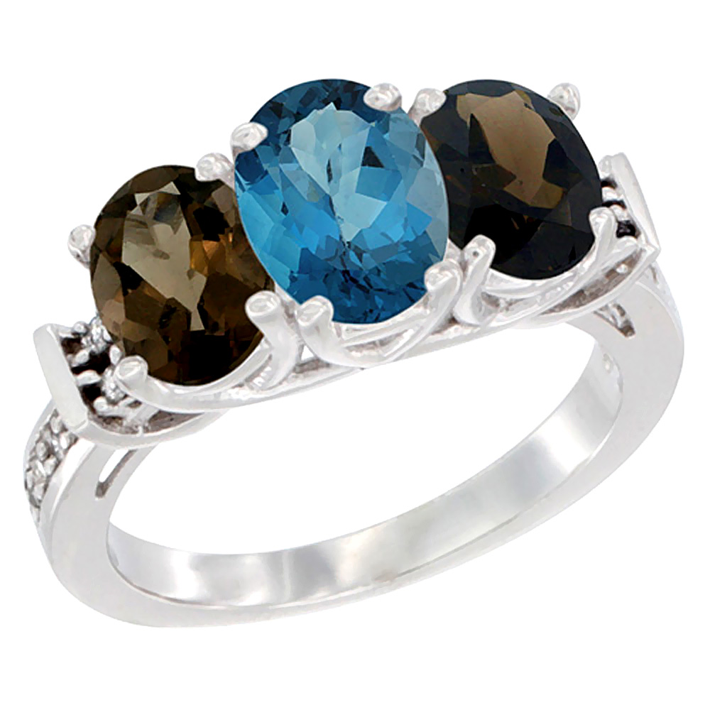 10K White Gold Natural London Blue Topaz & Smoky Topaz Sides Ring 3-Stone Oval Diamond Accent, sizes 5 - 10