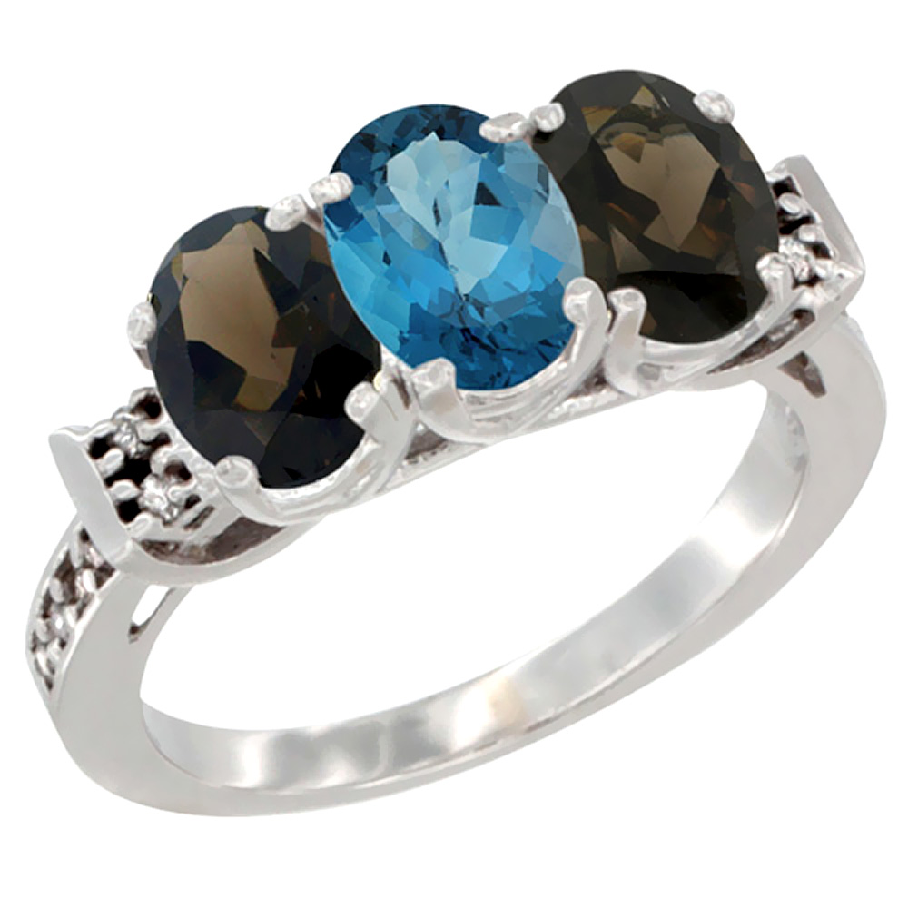14K White Gold Natural London Blue Topaz &amp; Smoky Topaz Sides Ring 3-Stone Oval 7x5 mm Diamond Accent, sizes 5 - 10