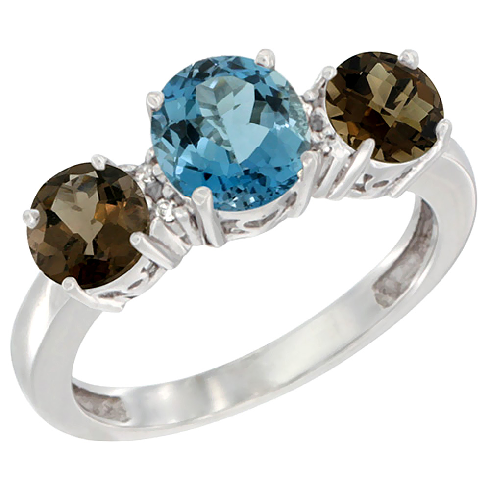 10K White Gold Round 3-Stone Natural London Blue Topaz Ring &amp; Smoky Topaz Sides Diamond Accent, sizes 5 - 10