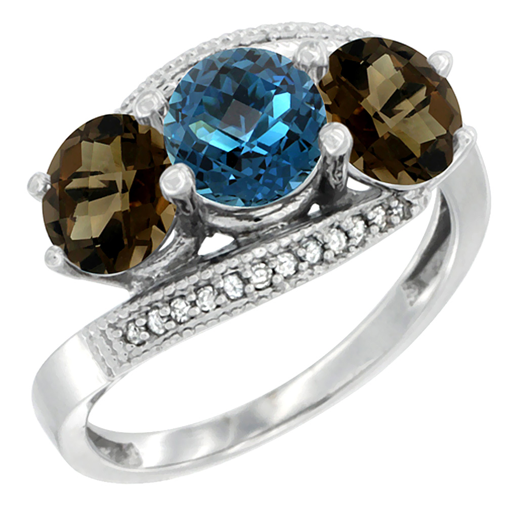 10K White Gold Natural London Blue Topaz &amp; Smoky Topaz Sides 3 stone Ring Round 6mm Diamond Accent, sizes 5 - 10