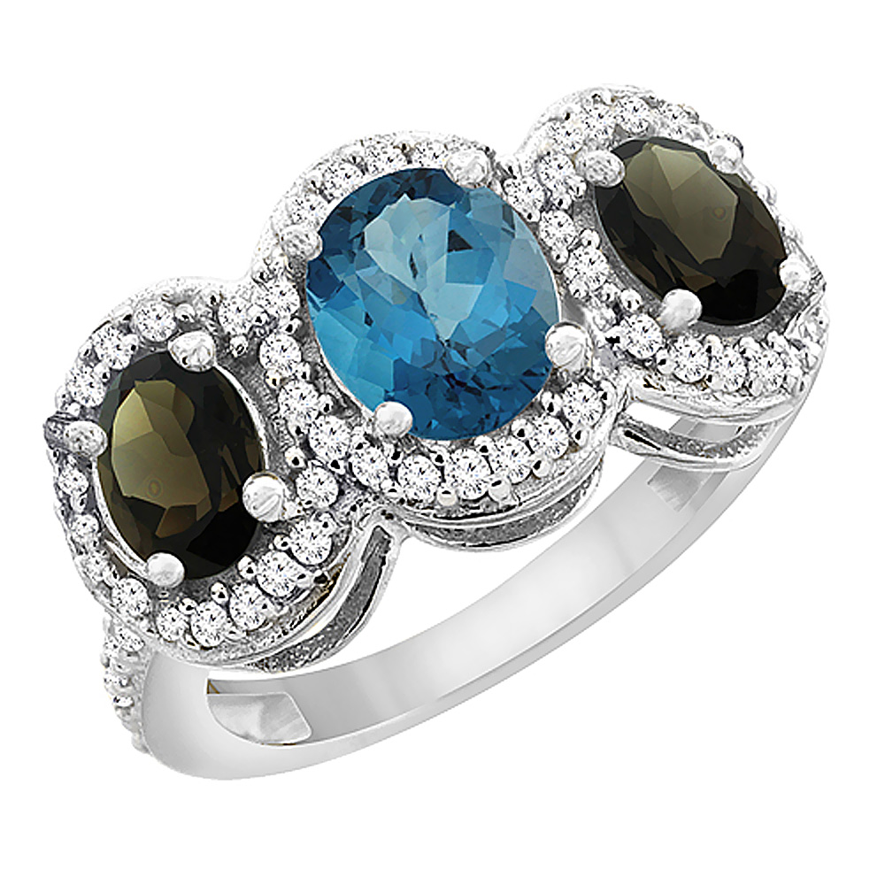 14K White Gold Natural London Blue Topaz &amp; Smoky Topaz 3-Stone Ring Oval Diamond Accent, sizes 5 - 10