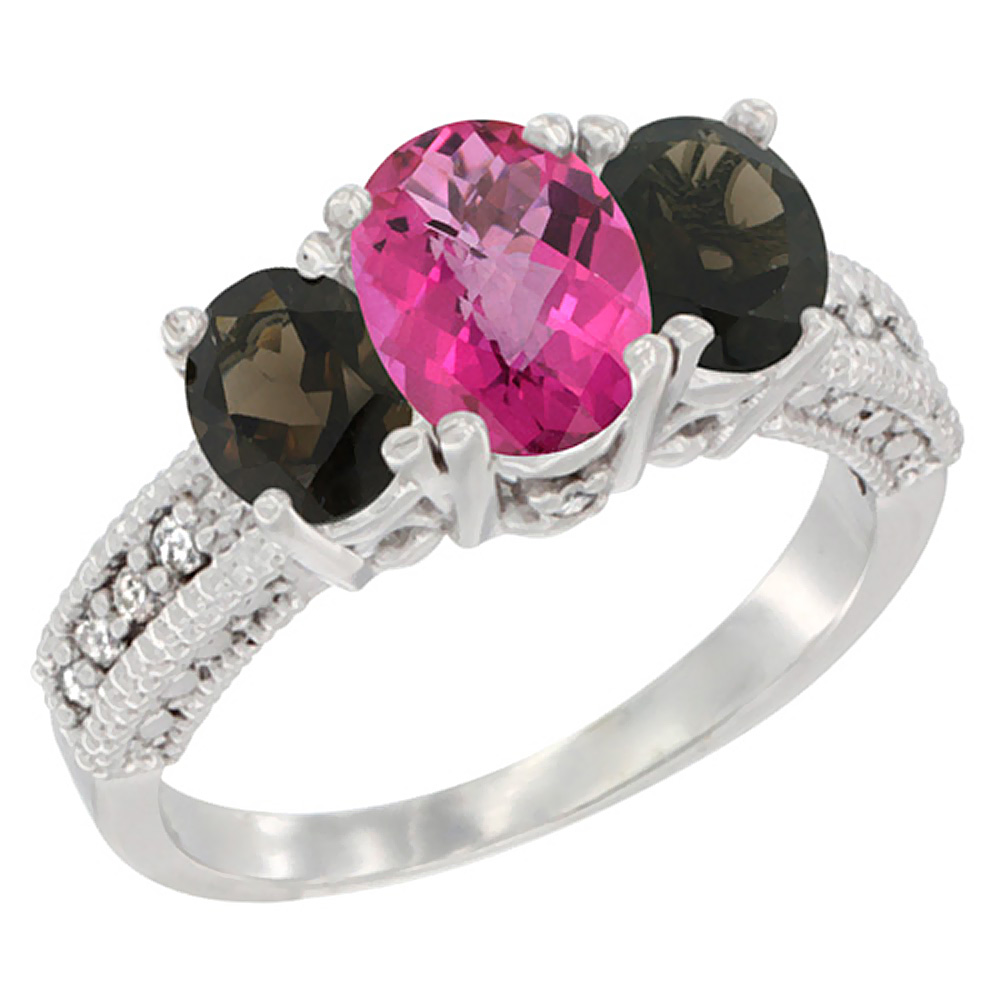 10K White Gold Diamond Natural Pink Topaz Ring Oval 3-stone with Smoky Topaz, sizes 5 - 10