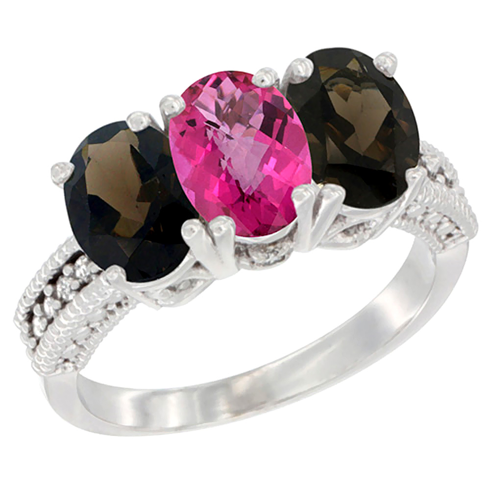 10K White Gold Natural Pink Topaz & Smoky Topaz Sides Ring 3-Stone Oval 7x5 mm Diamond Accent, sizes 5 - 10