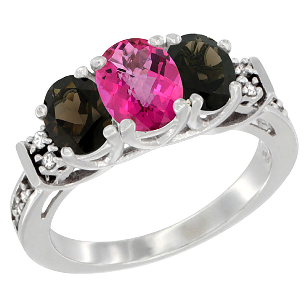 10K White Gold Natural Pink Topaz & Smoky Topaz Ring 3-Stone Oval Diamond Accent, sizes 5-10