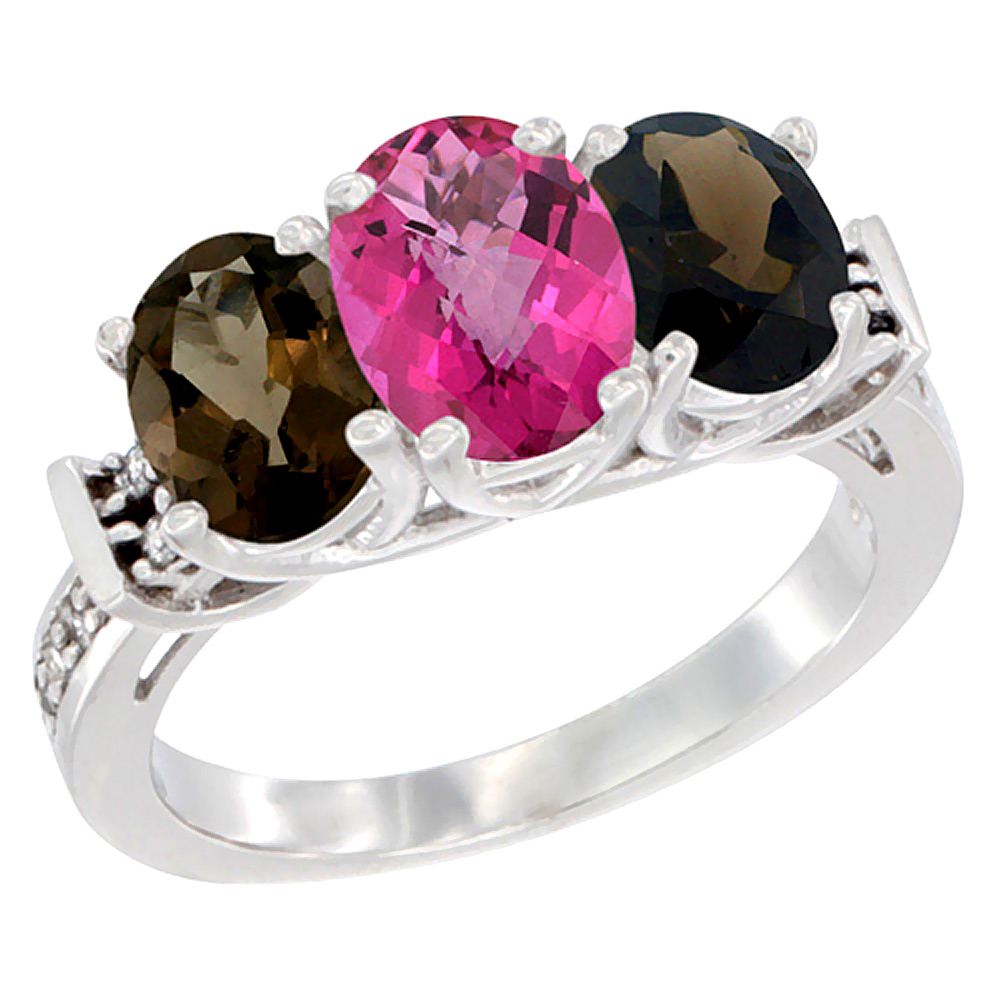 14K White Gold Natural Pink Topaz &amp; Smoky Topaz Sides Ring 3-Stone Oval Diamond Accent, sizes 5 - 10