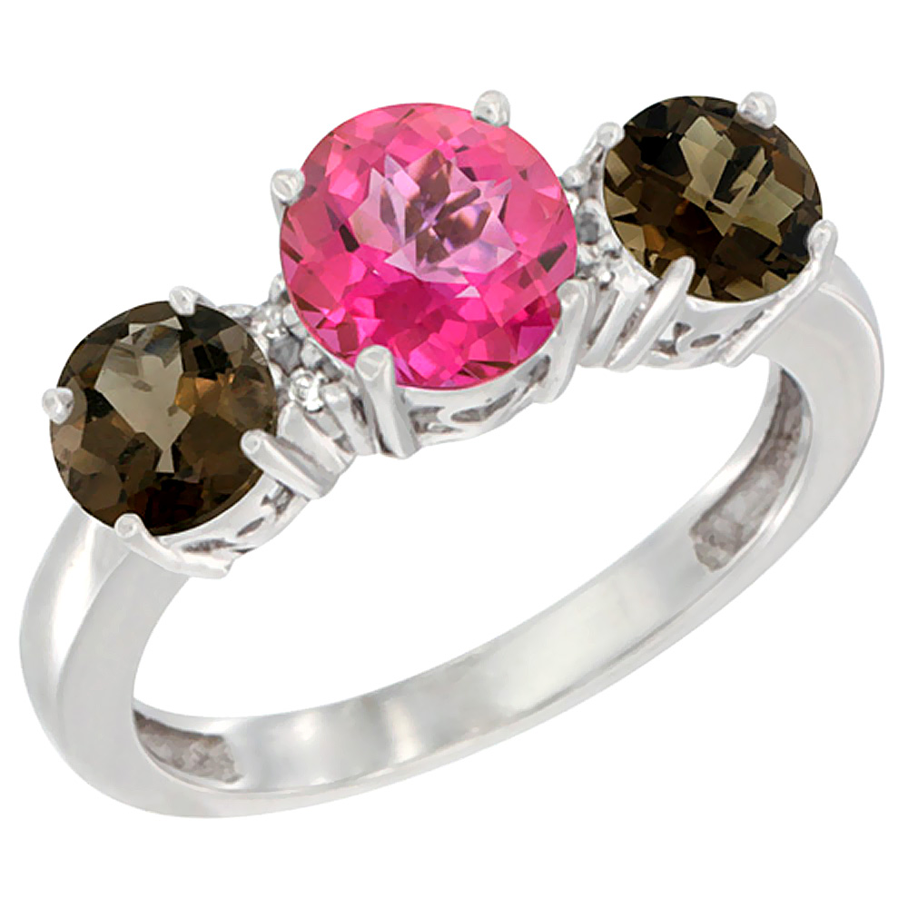 14K White Gold Round 3-Stone Natural Pink Topaz Ring & Smoky Topaz Sides Diamond Accent, sizes 5 - 10