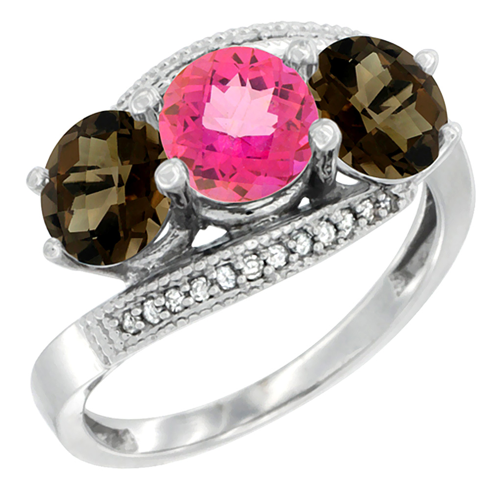 14K White Gold Natural Pink Topaz &amp; Smoky Topaz Sides 3 stone Ring Round 6mm Diamond Accent, sizes 5 - 10