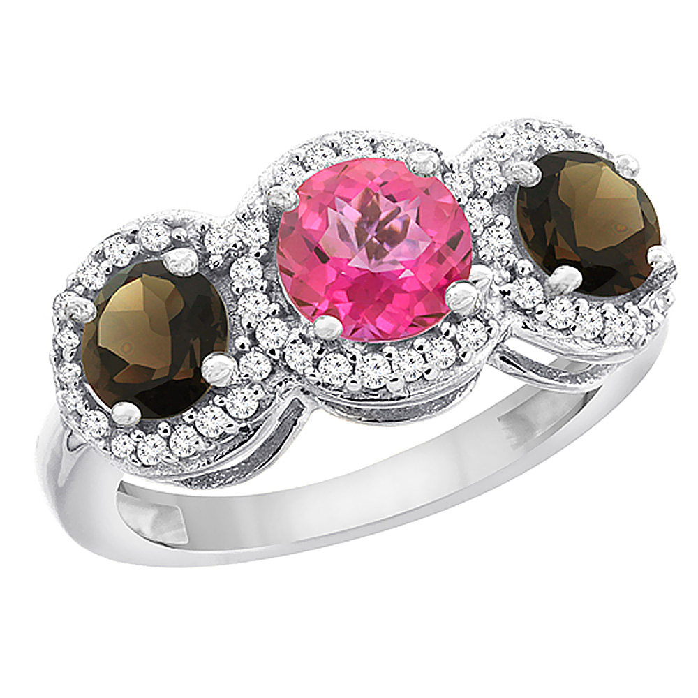 10K White Gold Natural Pink Topaz &amp; Smoky Topaz Sides Round 3-stone Ring Diamond Accents, sizes 5 - 10